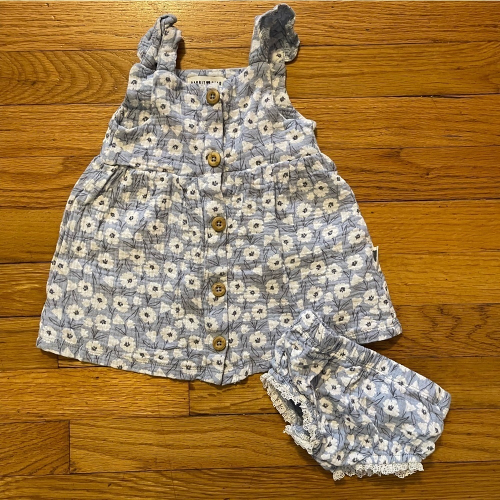 Rabbit + Bear Organic | Light Blue Floral Dress with Bloomer | 18 mo